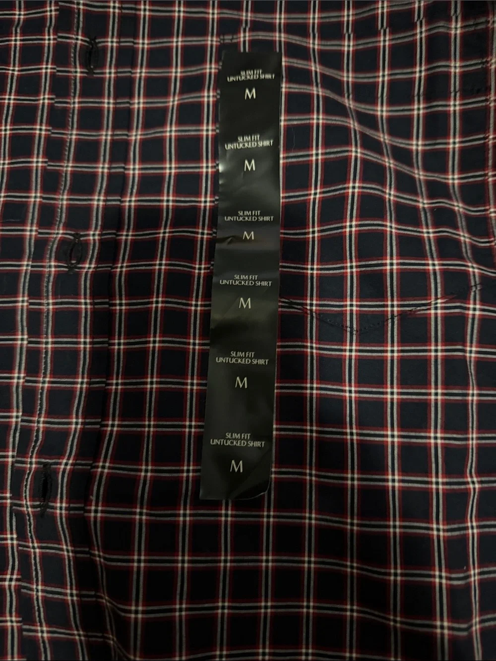Men’s Banana Republic black Plaid Button-Up with Red and White Accents untucked